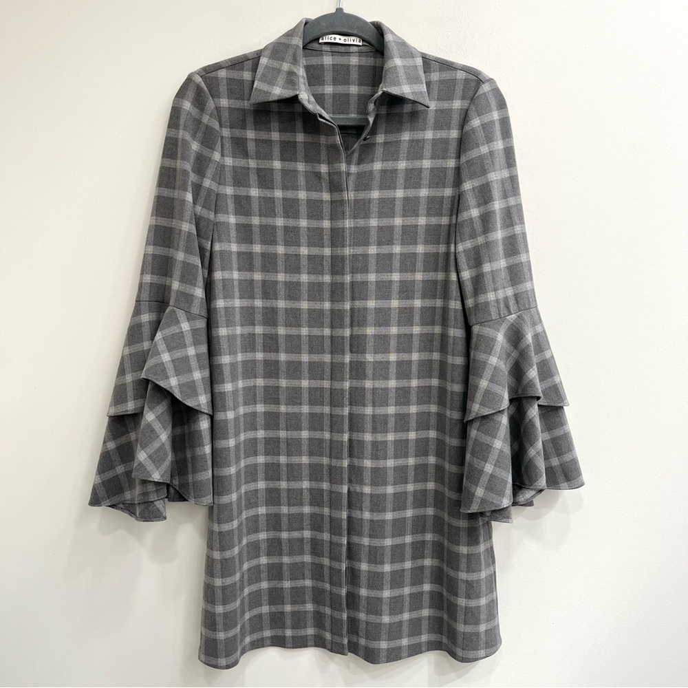 Alice + Olivia Gray White Plaid Jem Double Trumpet Shirt Dress Bell Sleeve XS